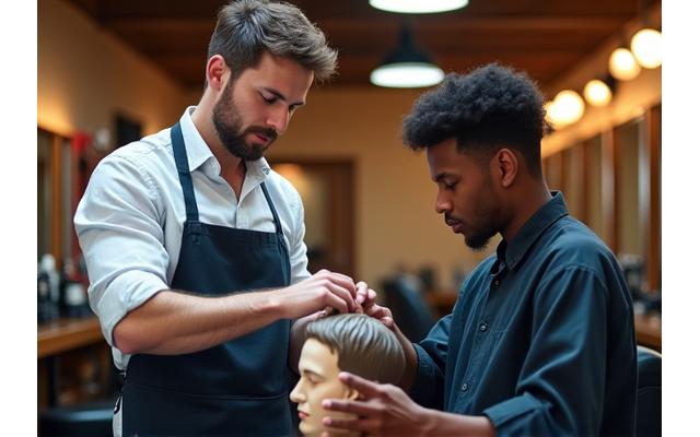 A BarberCraft barber mentoring a young apprentice in a barbershop setting, demonstrating a technique.