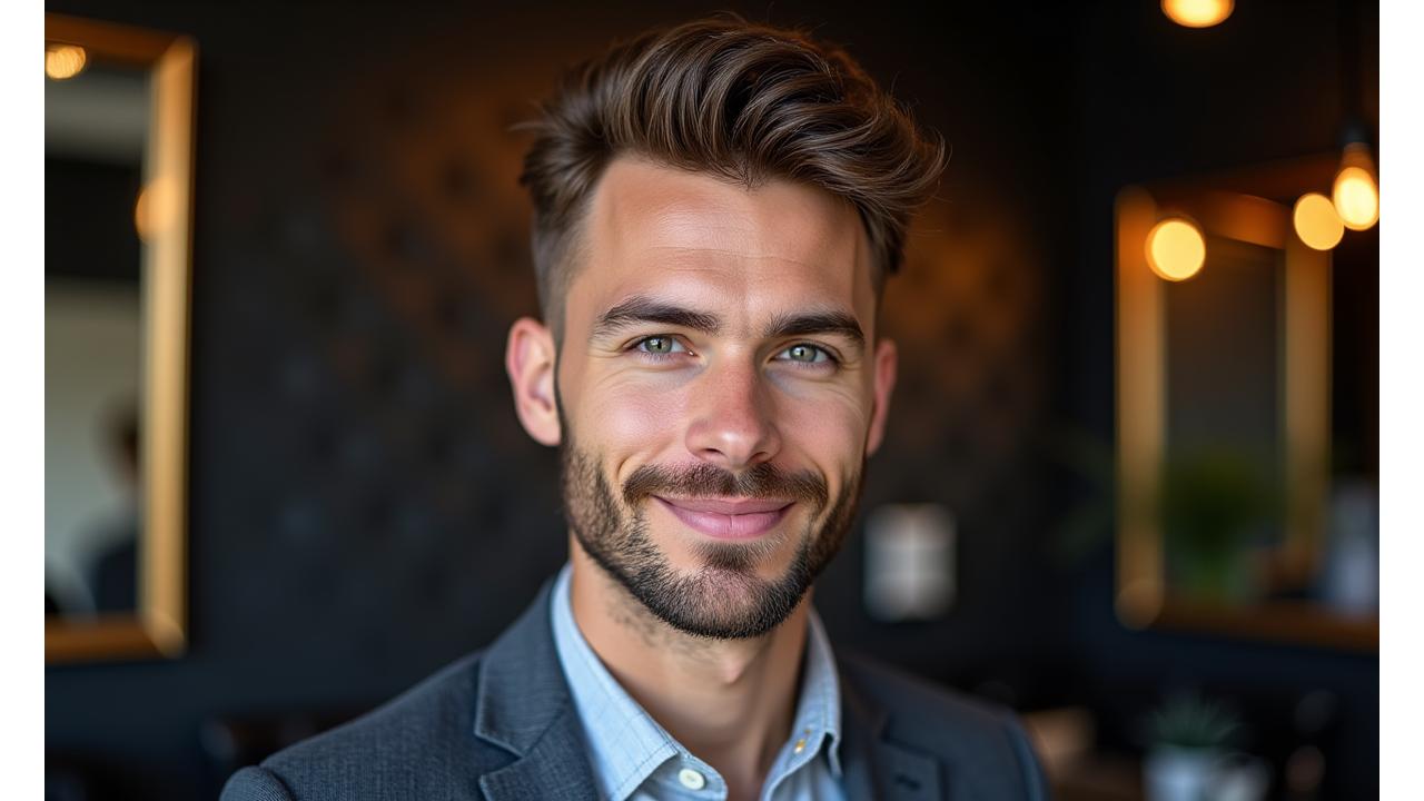 A well-groomed man, a BarberCraft client, confidently smiling and looking at the camera, implying satisfaction.