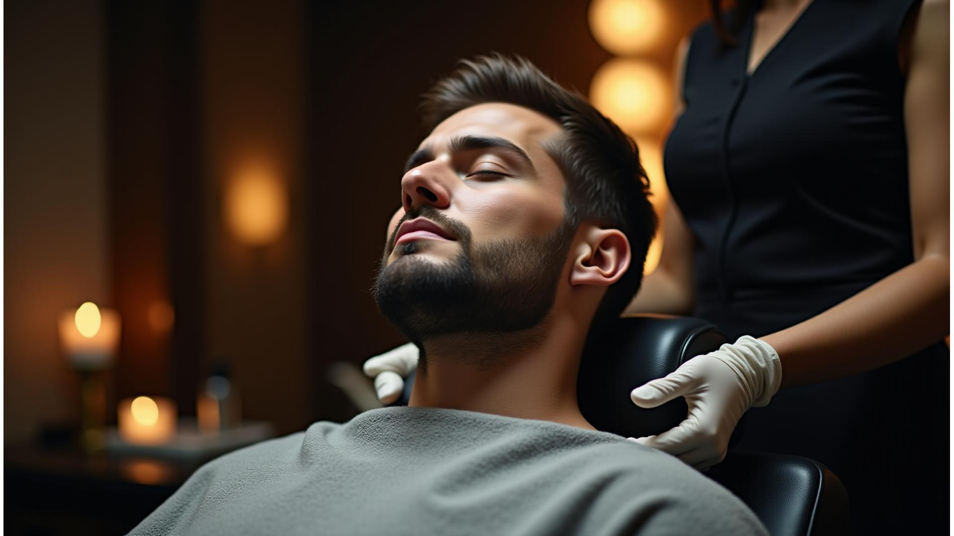 Man relaxing during a luxury hot towel shave in a sophisticated barbershop spa setting